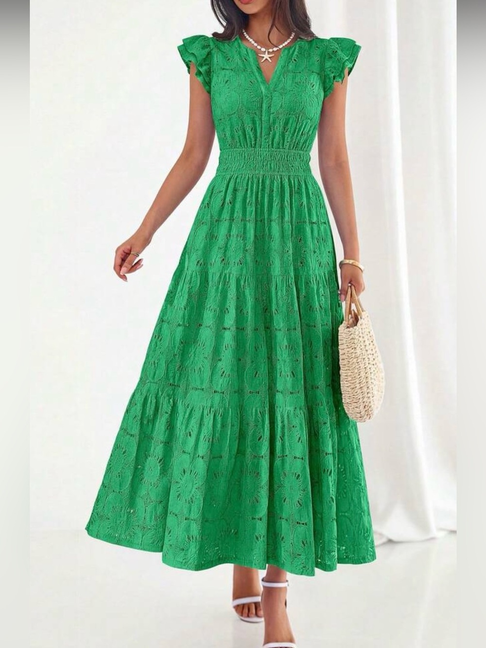 Women’s Green Eyelet Maxi Dress with Smocked Waist
